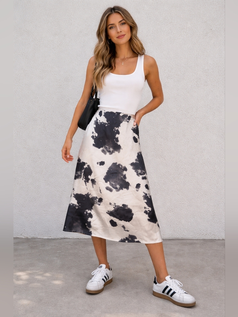 Black & White Sz Large Women's Tie Dye Satin-Like Skirt #maxiskirt #boho *Flaws